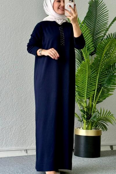 Yaprak Merserize Elbise Lacivert