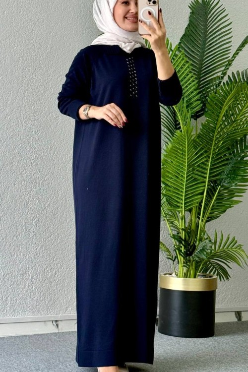 Yaprak Merserize Elbise Lacivert