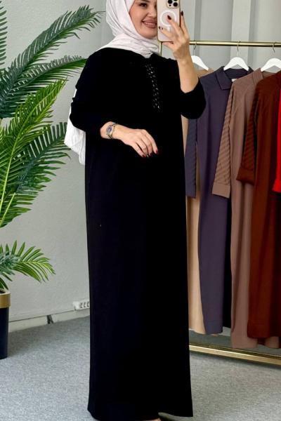 Yaprak Merserize Elbise Siyah