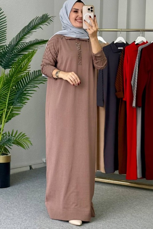 Yaprak Merserize Elbise Sütlü Kahve