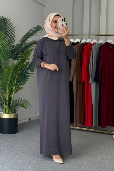 Yaprak Merserize Elbise Füme