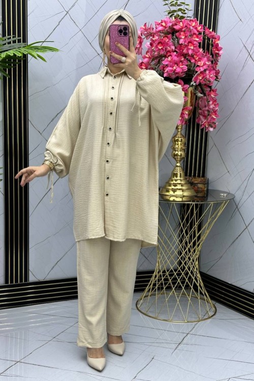 Yarasa pantolonlu ikili takım Krem