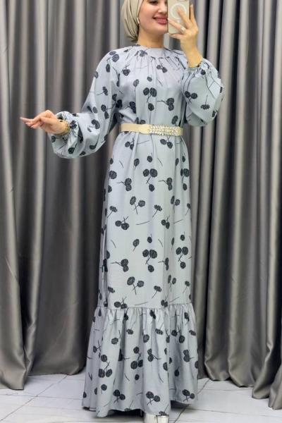 Yeni Dünya Kemerli Elbise Gri