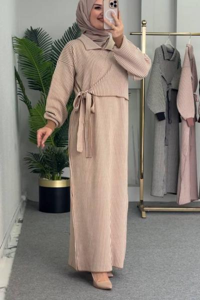 Zebra Desenli Triko Elbise Taba