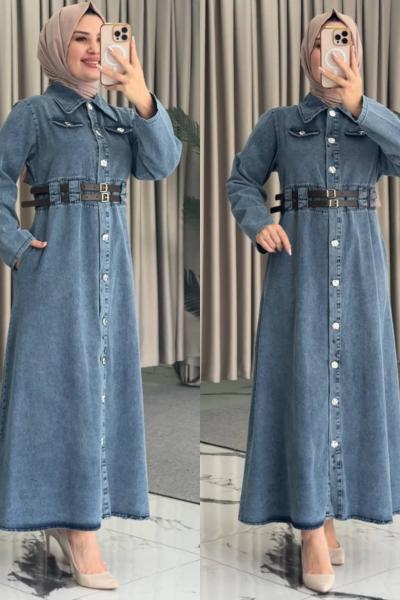 Zeren Kemerli Kot Elbise Mavi