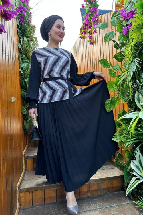 Zikzak etekli takım etekli takım Siyah