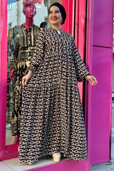 Zincir Desenli Viskon Elbise Kahverengi