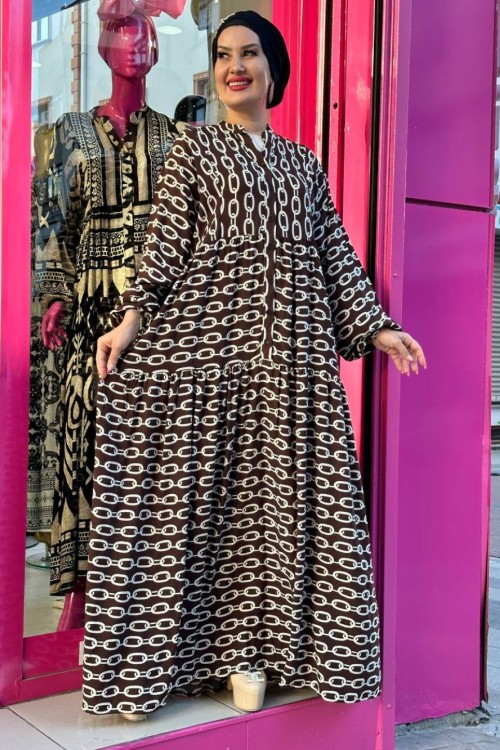 Zincir Desenli Viskon Elbise Kahverengi