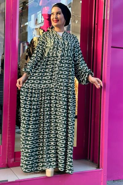 Zincir Desenli Viskon Elbise Yeşil