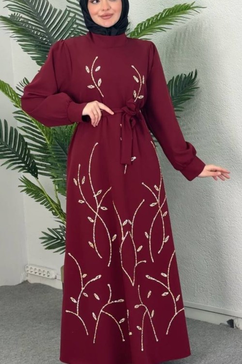 Zuhal Taş İşlemeli Abiye Bordo