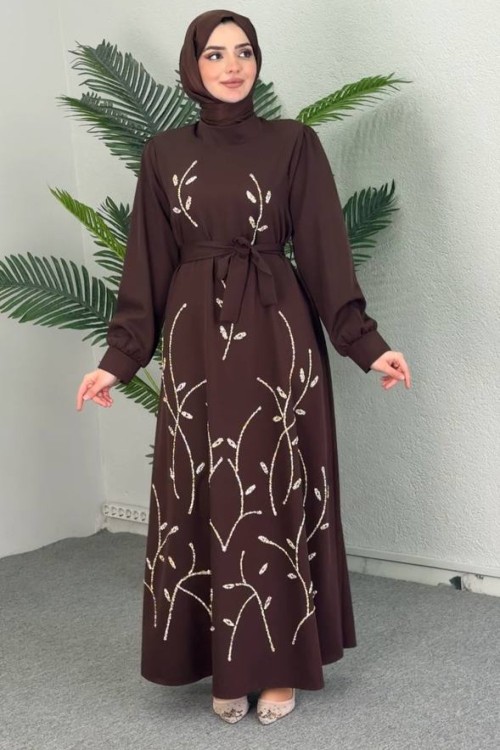 Zuhal Taş İşlemeli Abiye Kahverengi