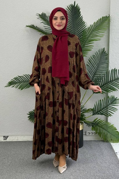 Defne Viskon Elbise Kahverengi