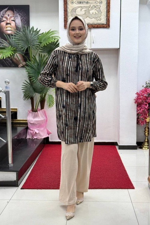 Çizgili Gömlekli Takım Kahverengi