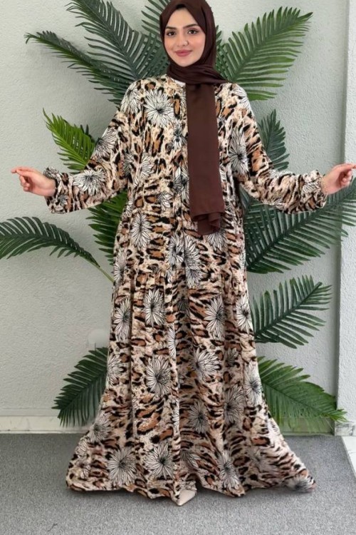 Nar Çiçeği Viskon Elbise Sütlü Kahve