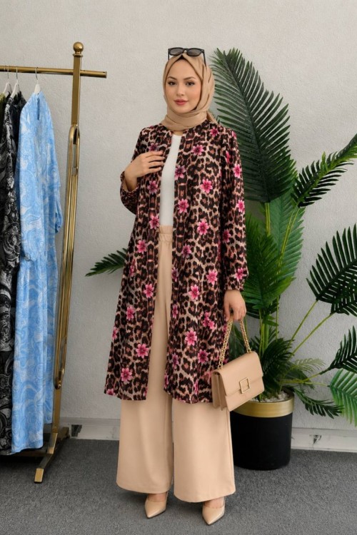 Gökyüzü Leopar Tunik Takım Pembe