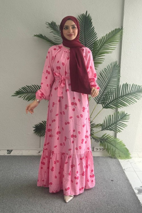 Yeni Dünya Kemerli Elbise Pembe