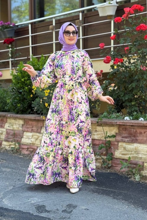 Lavanta Kemerli Elbise