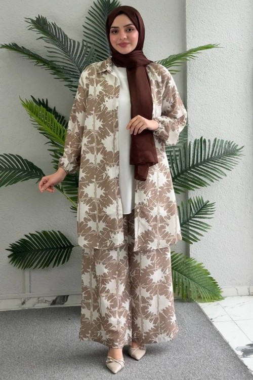 Şahane Pantolonlu Tunik Takım Sütlü Kahve