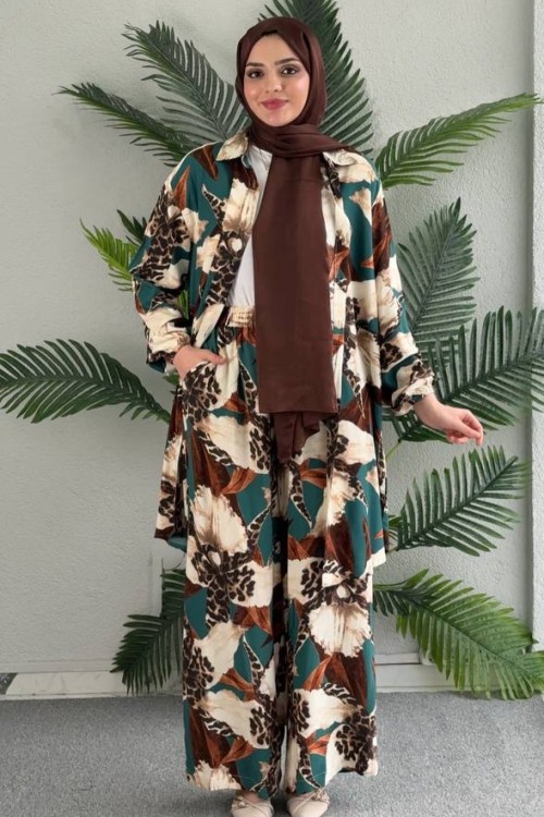 Şaheser Viskon Pantolonlu Tunik Takım Zümrüt