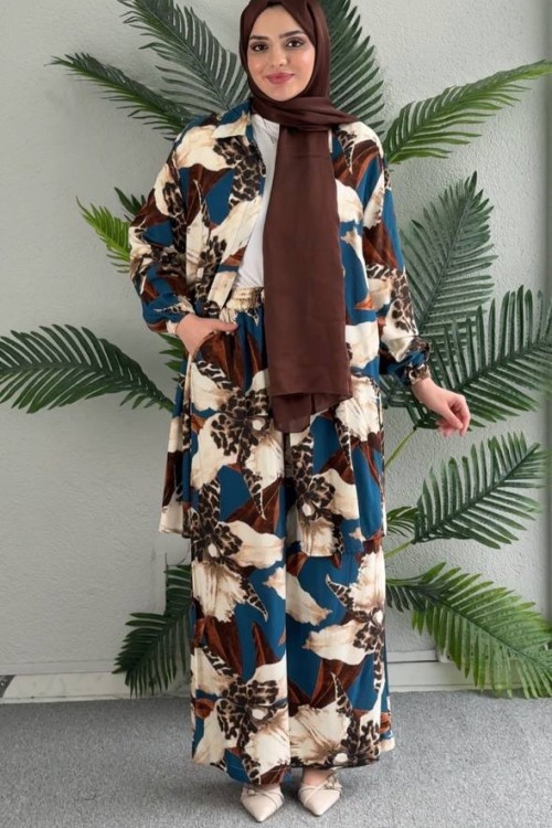 Şaheser Viskon Pantolonlu Tunik Takım Mavi