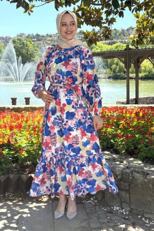 Demet Kemerli Elbise Mavi