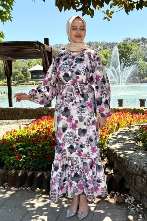 Demet Kemerli Elbise Lila