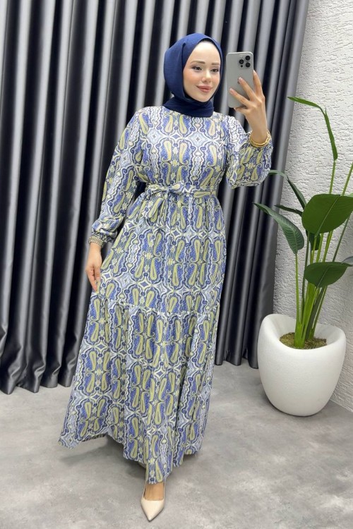 GÜLCAN KEMERLİ MANGO ELBİSE Mavi