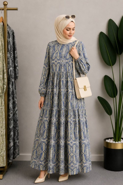 GÜLCAN KEMERLİ MANGO ELBİSE Mavi