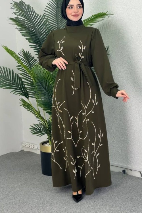 Zuhal Taş İşlemeli Abiye Haki