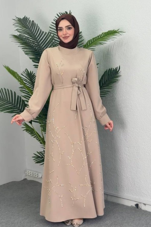 Zuhal Taş İşlemeli Abiye Sütlü Kahve