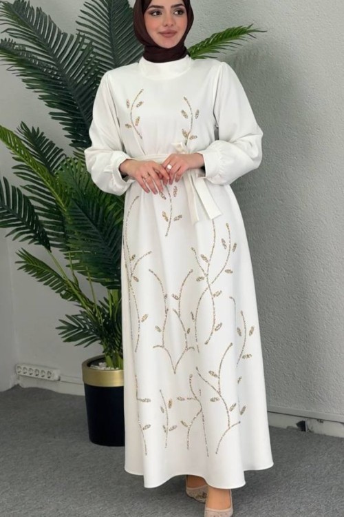 Zuhal Taş İşlemeli Abiye Beyaz