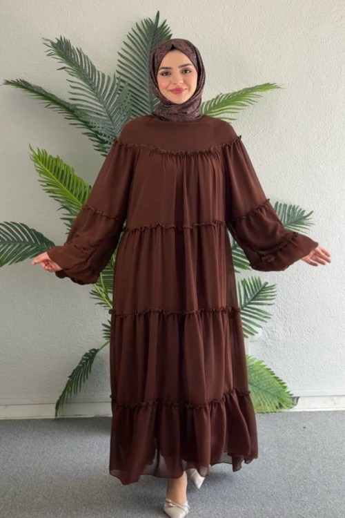 Kat Kat Şifon Elbise Kahverengi