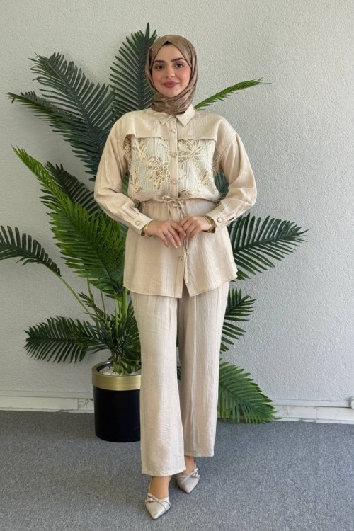 Çilek Pantolonlu Takım Krem