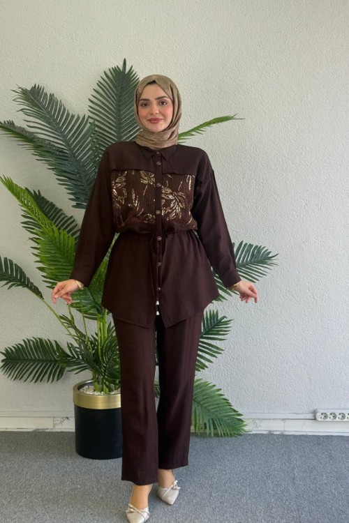 Çilek Pantolonlu Takım Kahverengi