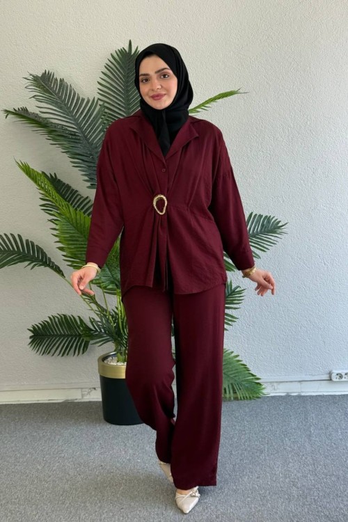  Nefes Pantolonlu Takım Bordo