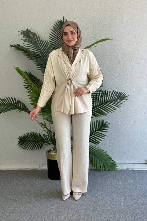  Nefes Pantolonlu Takım Krem