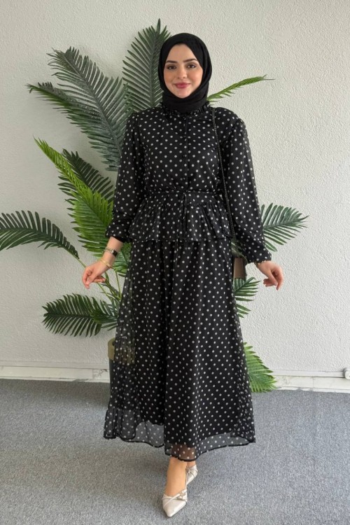 Damla Puantiyeli Etekli Takım Siyah