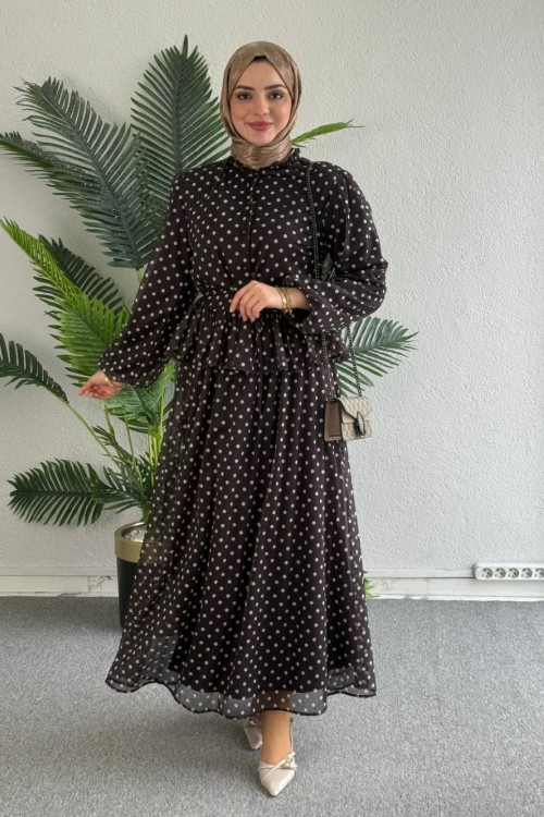 Damla Puantiyeli Etekli Takım Kahverengi