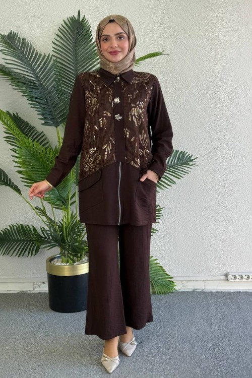  Selda Pantolonlu Takım Acı Kahve