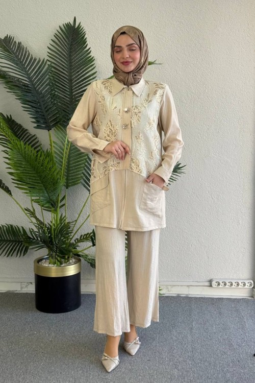  Selda Pantolonlu Takım Krem