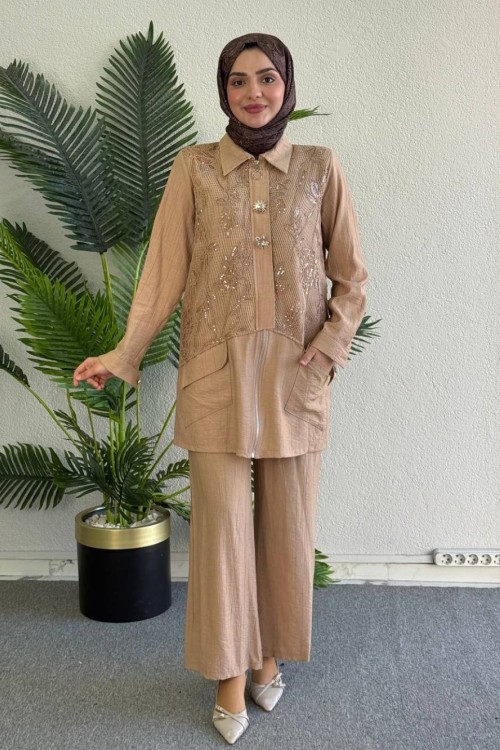  Selda Pantolonlu Takım Sütlü Kahve