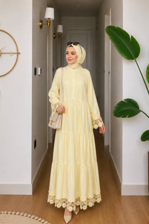 Kayra Dantel Detaylı Elbise Sarı