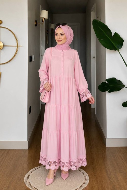 Kayra Dantel Detaylı Elbise Pembe