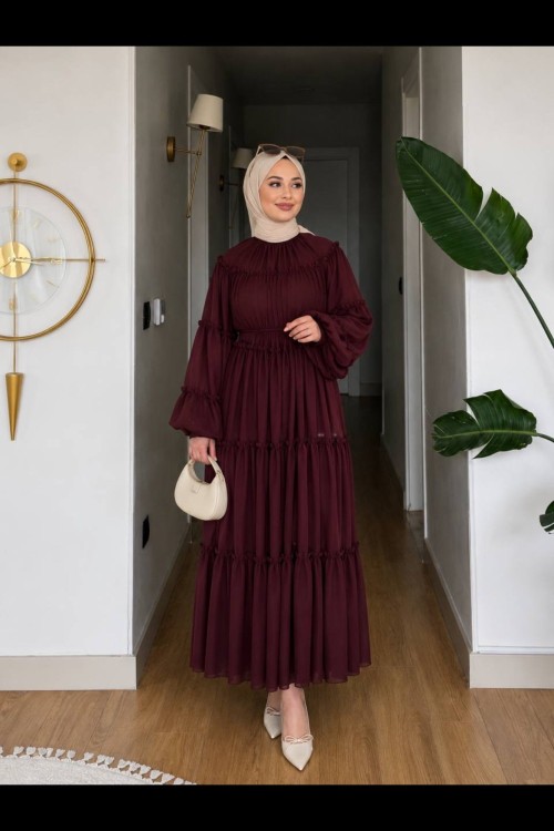 kat kat şifon elbise Bordo