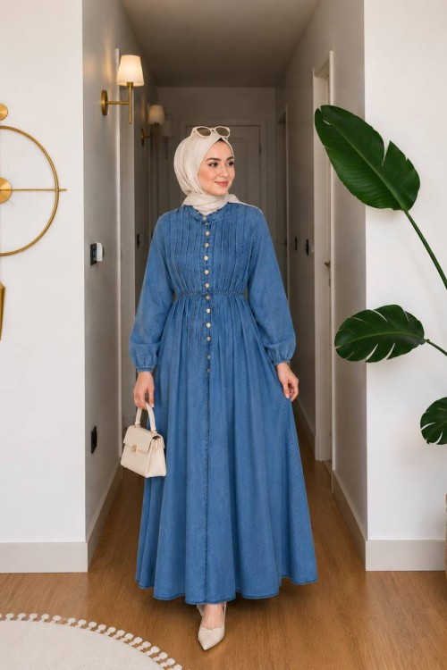 Beste Düğmeli Kot Elbise Mavi