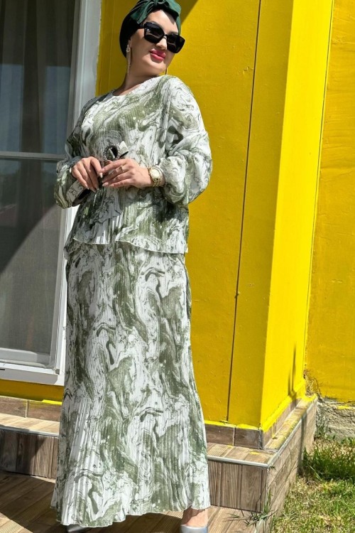 Papatya pliseli elbise elbise Haki