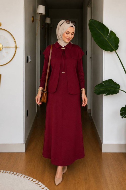 Yağmur Yelekli Merserize Elbise Bordo