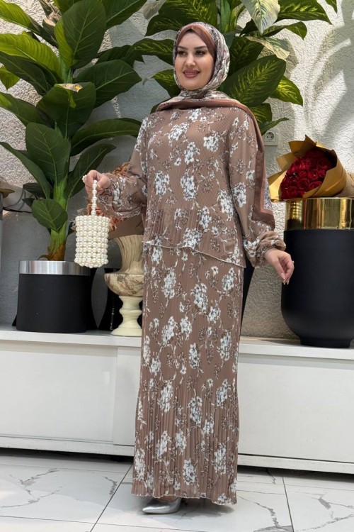 Çıtır plise elbise elbise Taba