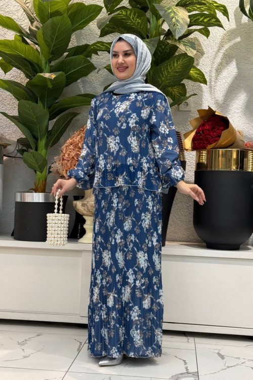 Çıtır plise elbise elbise Mavi