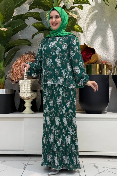 Çıtır plise elbise elbise Zümrüt